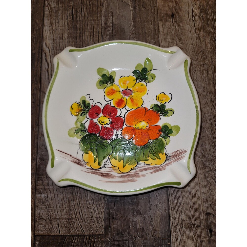 Vintage 1970s Hand Painted Floral Ceramic Ashtray From Brazil